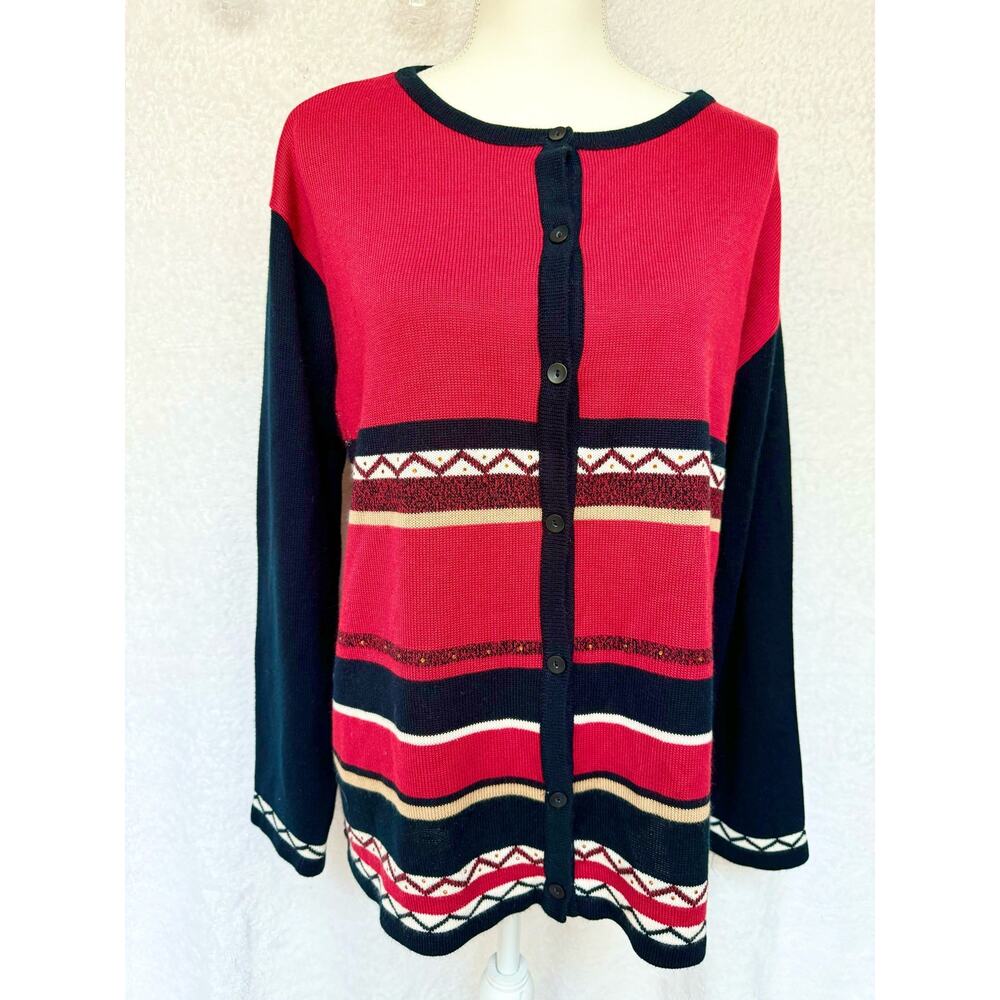 Vintage 90's Erin London Acrylic Red & Black Button Up Cardigan Sweater 1X XL - Picture 2 of 9